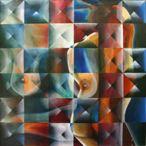 CHECKERED WOMAN (36X36) OIL on CANVAS