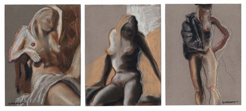 THREE FIGURES-TRIPTYCH (12X28) CHARCOAL-PASTEL on PAPER