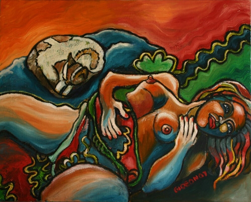 RECLINING WOMAN WITH CAT (24X30) OIL on CANVAS