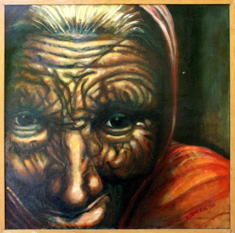 OLD LADY - MAP OF LIFE (30X30) OIL on CANVAS