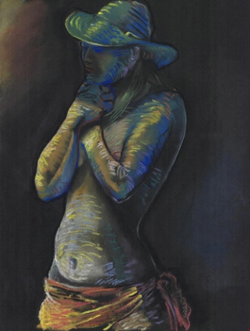 FIGURE, HAT & SCARF (25X19) CHARCOAL-PASTEL on PAPER