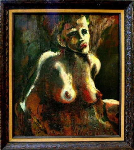 SITTING NUDE (20X18) OIL on CARVED PLYWOOD