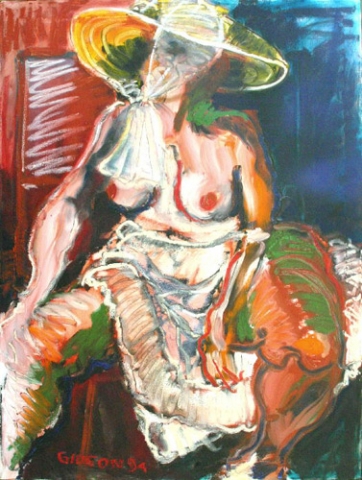 SITTING NUDE WITH HAT (40X30) OIL on CANVAS