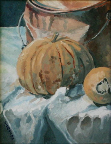 STILL LIFE WITH GORDS AND PAINT CAN (28X22) OIL on CANVAS