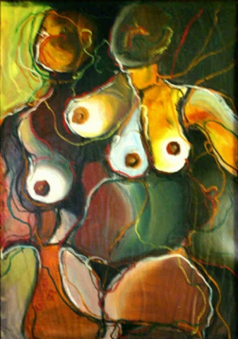 TWO FEMALE NUDES II (40X26) OIL on PAPER & BOARD