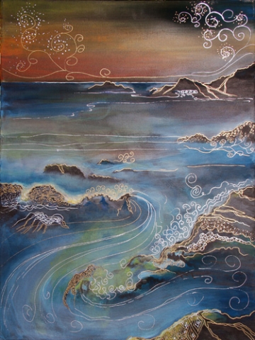 BIG SUR IN SUNSET (24 X 18) ACRYLIC & PEN on CANVAS