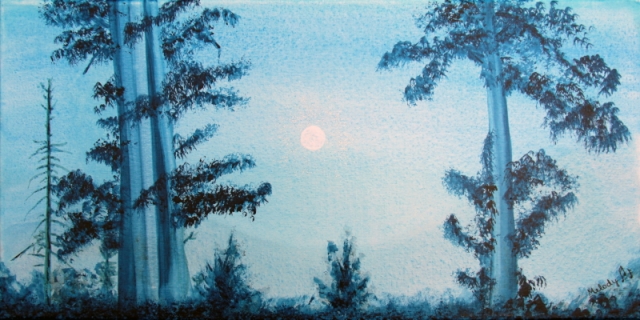 201606 Winter Midnight Moon in Idyllwild, 12×24, Watercolor on Canvas, 2…